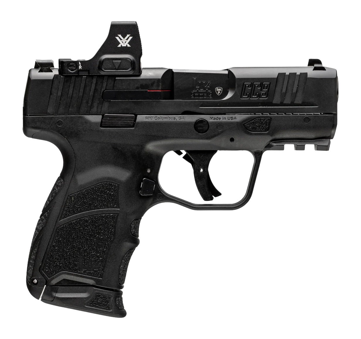HK 81001354 CC9 w/Optic Micro Compact 9mm Luger 12+1 3.32" Black Barrel, Black Steel Serrated w/Optic Slide, Black Polymer Frame w/Picatinny Rail, Interchangeable Backstrap Grip, Vortex CCW