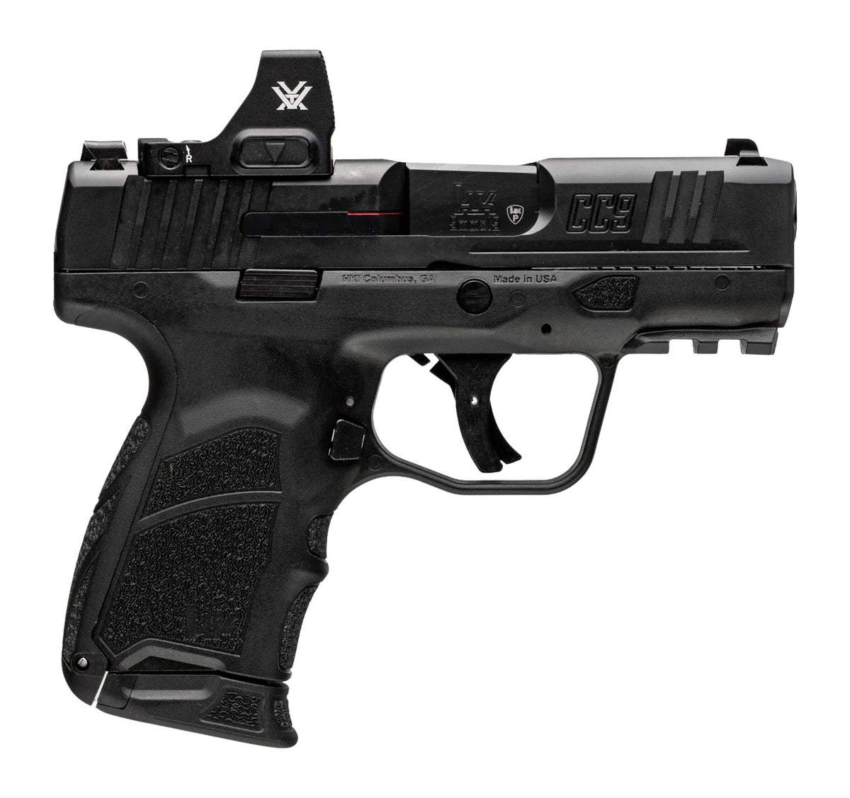 HK 81001353 CC9 Optic-Ready Micro-Compact 9mm Luger 10+1, 3.32" Black Barrel, Serrated Slide, Picatinny Rail Frame, Vortex CCW Cut