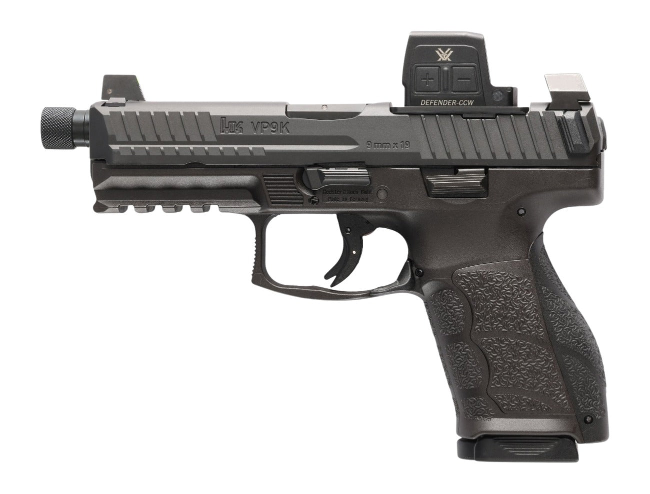 HK 81001367 VP9A1 K Tactical w/Optic 9mm Luger 15+1 4.70" Black Threaded Barrel, Black Steel Serrated w/Optic Slide, Black Polymer Frame w/Picatinny Rail, Textured Grip, Vortex CCW