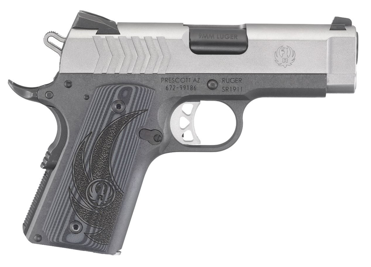Ruger SR1911 Officer-Style 9mm Luger Pistol, 3.6" Black Steel Barrel, Tungsten Gray Cerakote Frame, Deluxe G10 Grip (Model 6758)