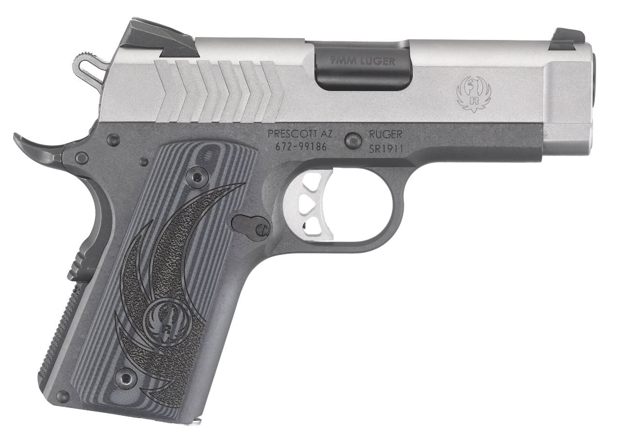 Ruger SR1911 Officer-Style 9mm Luger Pistol, 3.6" Black Steel Barrel, Tungsten Gray Cerakote Frame, Deluxe G10 Grip (Model 6758)