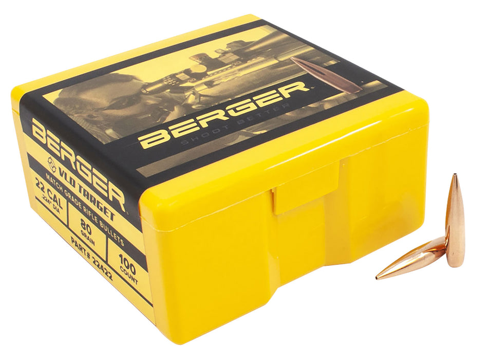 Berger VLD Target 22 Cal 80 Grain Long Range Precision Reloading Bullets Box of 100