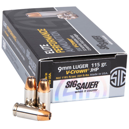 Sig Sauer 9mm Luger/Parabellum E9MMA150 Elite Performance V Crown Jacketed Hollow Point HP 115 Grain