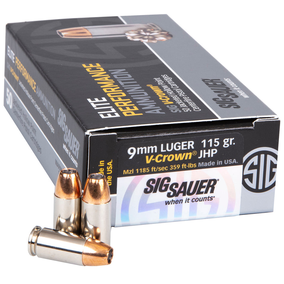 Sig Sauer 9mm Luger/Parabellum E9MMA150 Elite Performance V Crown Jacketed Hollow Point HP 115 Grain