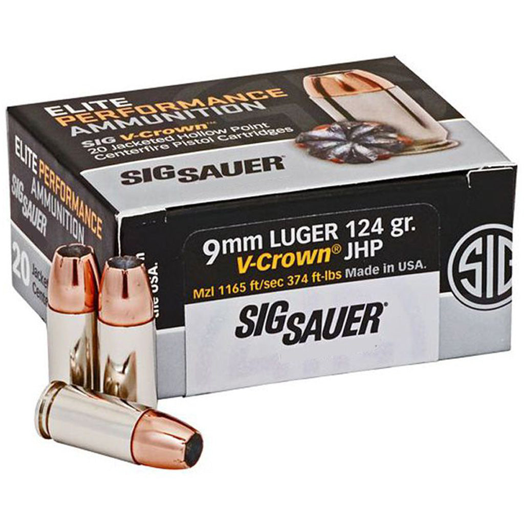 Sig Sauer 9mm Luger/Parabellum E9MMA250 Elite Performance V Crown Jacketed Hollow Point HP 124 Grain