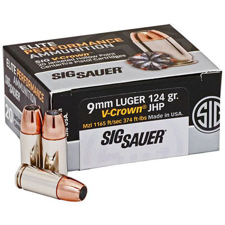 Sig Sauer 9mm Luger/Parabellum E9MMA250 Elite Performance V Crown Jacketed Hollow Point HP 124 Grain