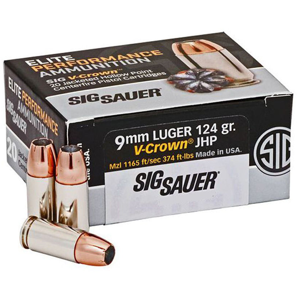 Sig Sauer 9mm Luger/Parabellum E9MMA250 Elite Performance V Crown Jacketed Hollow Point HP 124 Grain