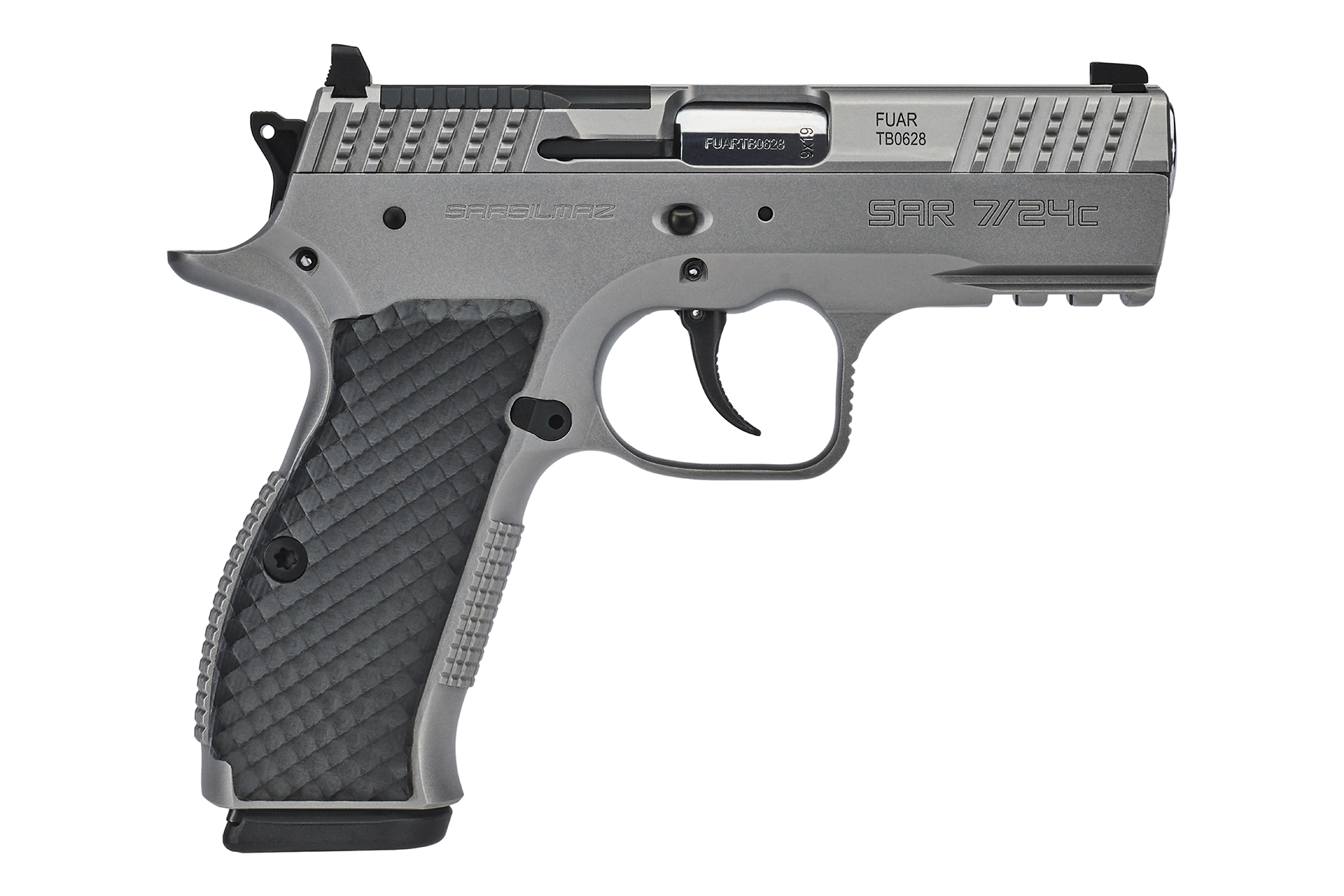 Sarsilmaz SAR7/24C 7/24 Compact 9mm Luger 17+1 Matte Stainless Steel Frame w/Beavertail & Picatinny Rail, Black Polymer Grip