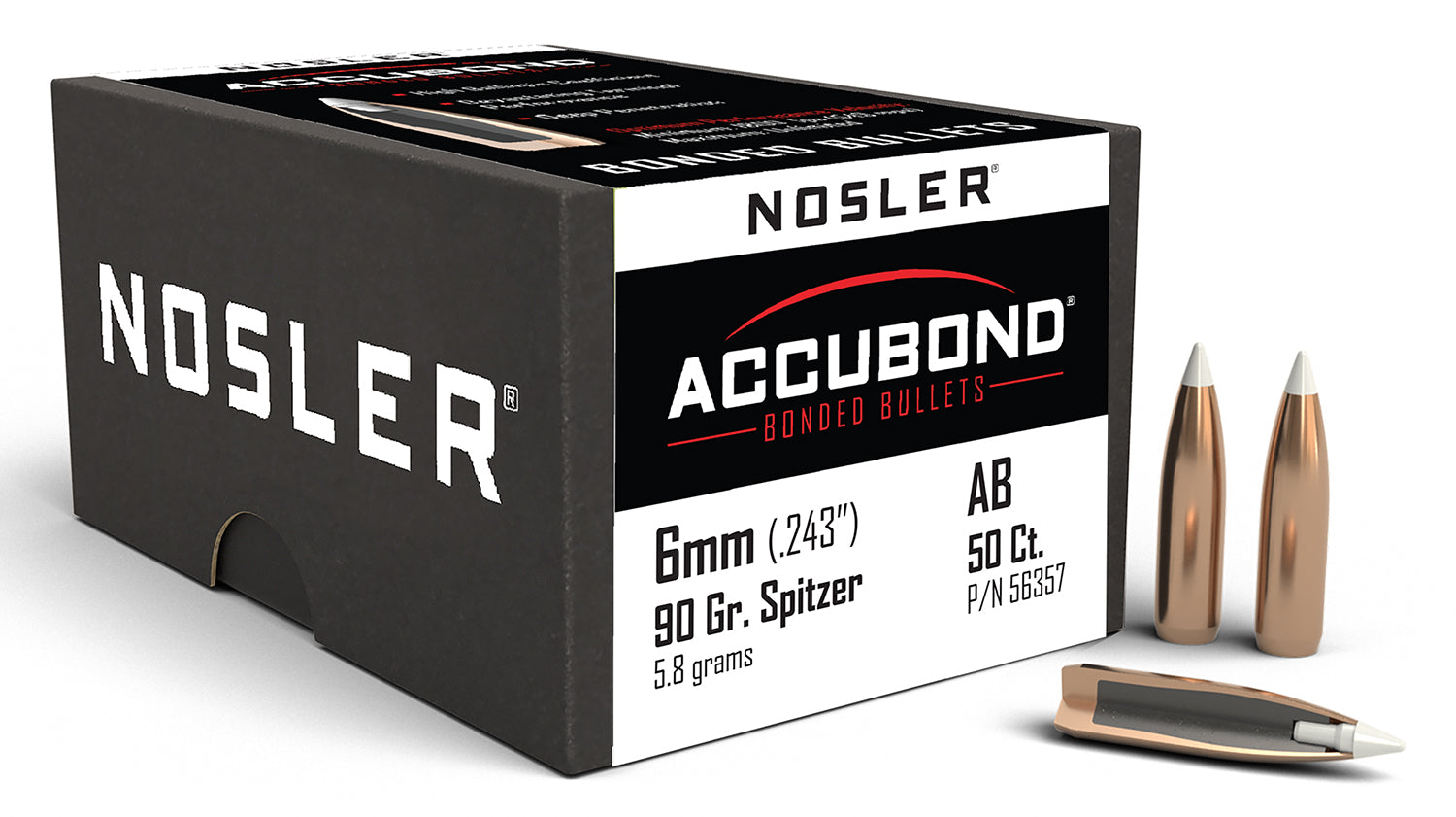 Nosler AccuBond 6mm Caliber 90 Grain Bonded Core Spitzer Bullets 50/Box