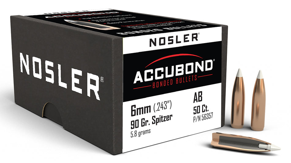 Nosler AccuBond 6mm Caliber 90 Grain Bonded Core Spitzer Bullets 50/Box