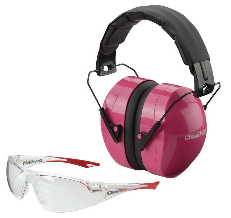 Champion 40624 Eyes and Ears Shooting Combo 26NRR Passive Earmuff Plus Shooting Glasses Pink/Black