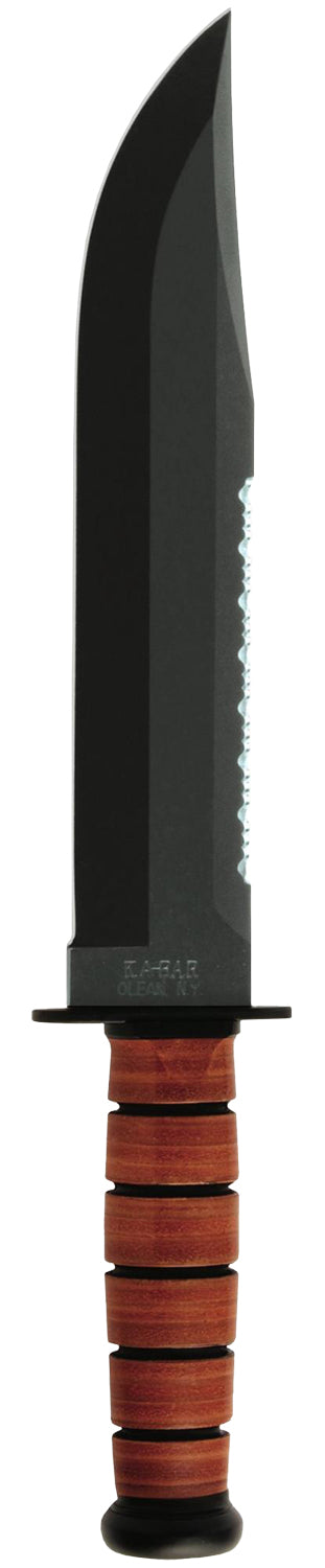 Ka-Bar Big Brother 2217 Leather Handle 9.38" Fixed Blade Clip Point Part Serrated Black 1095 Cro-Van Steel