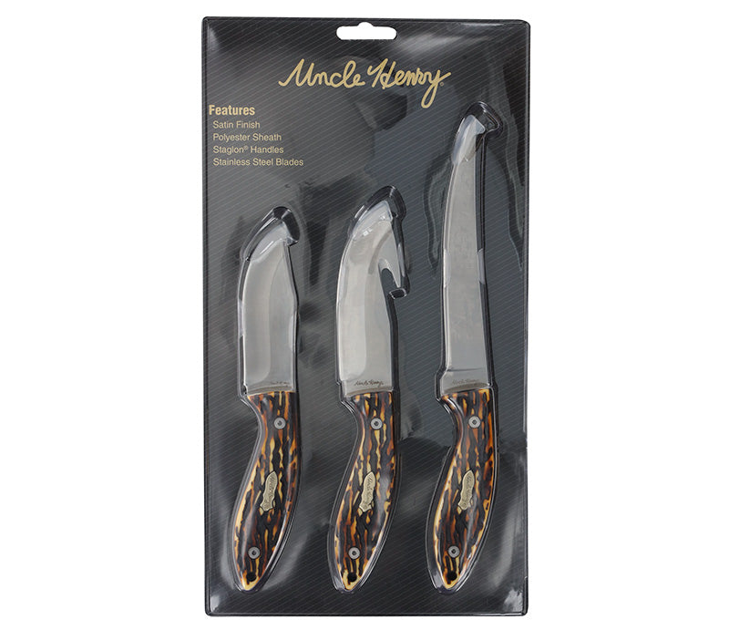 Uncle Henry 3 Fixed Blade Knife Set Staglon Fillet Guthook Drop Point