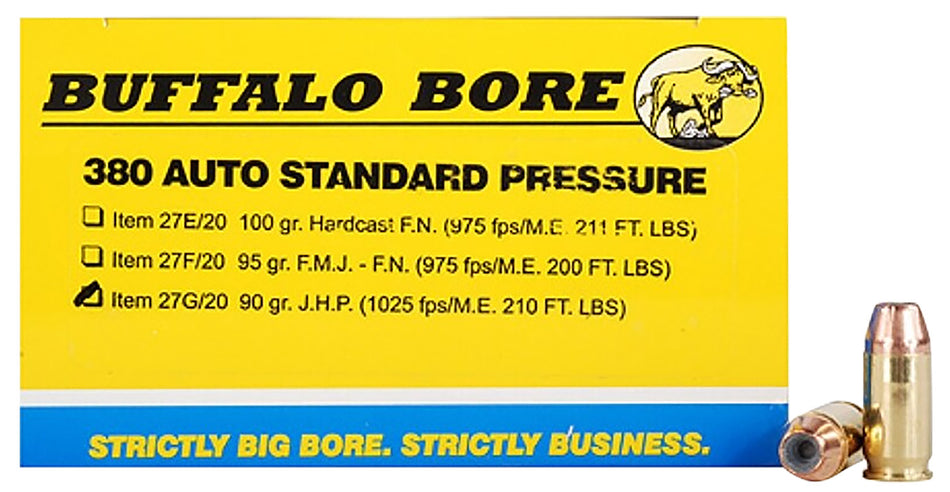 Buffalo Bore .380 ACP/Auto 27G20 Standard Pressure Jacketed Hollow Point JHP 90 Grain
