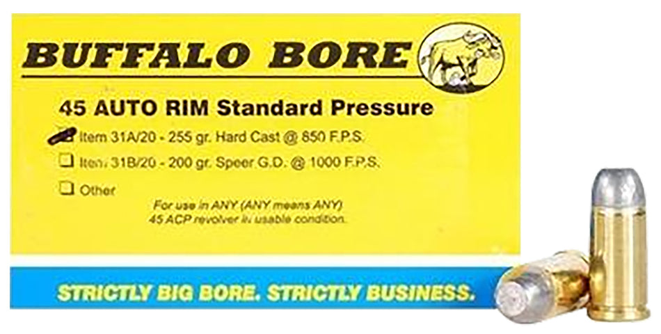 Buffalo Bore .45 Auto Rim 31A20 Standard Pressure Hard Cast Flat Nose 255 Grain