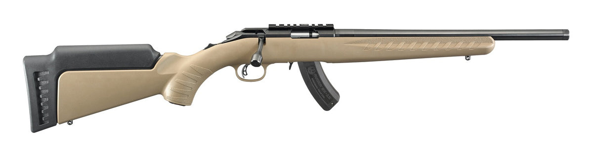 Ruger American Rimfire 22 WMR 15+1 16" Threaded Barrel, Black/FDE High Comb Stock
