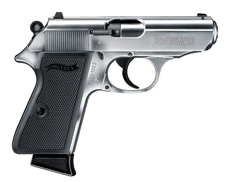 Walther Arms 5030320 PPK/S 22 LR 10+1 3.30" Steel/Threaded Barrel, Nickel Serrated/Steel Slide, Stainless Zinc Alloy Frame w/Beavertail, Black Checkered Polymer Grips
