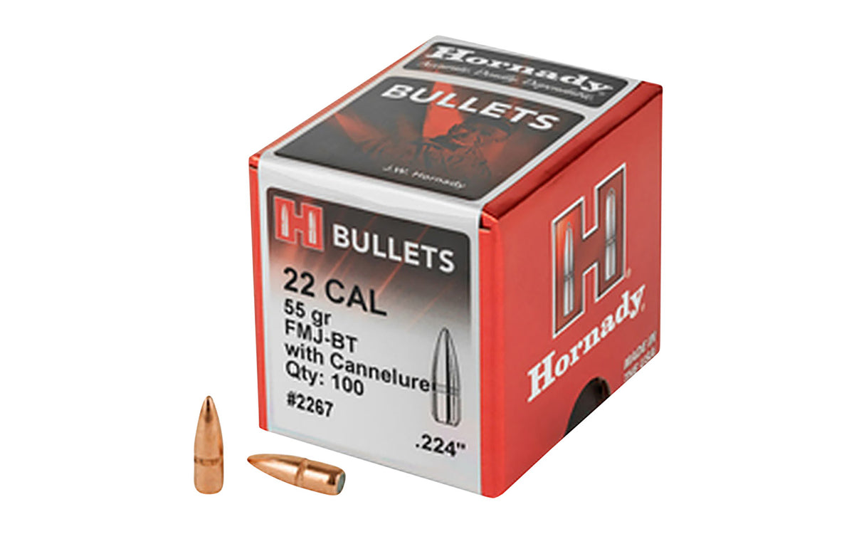 Hornady 22 Caliber .224 55gr Traditional Full Metal Jacket BT Bullets 100/Box