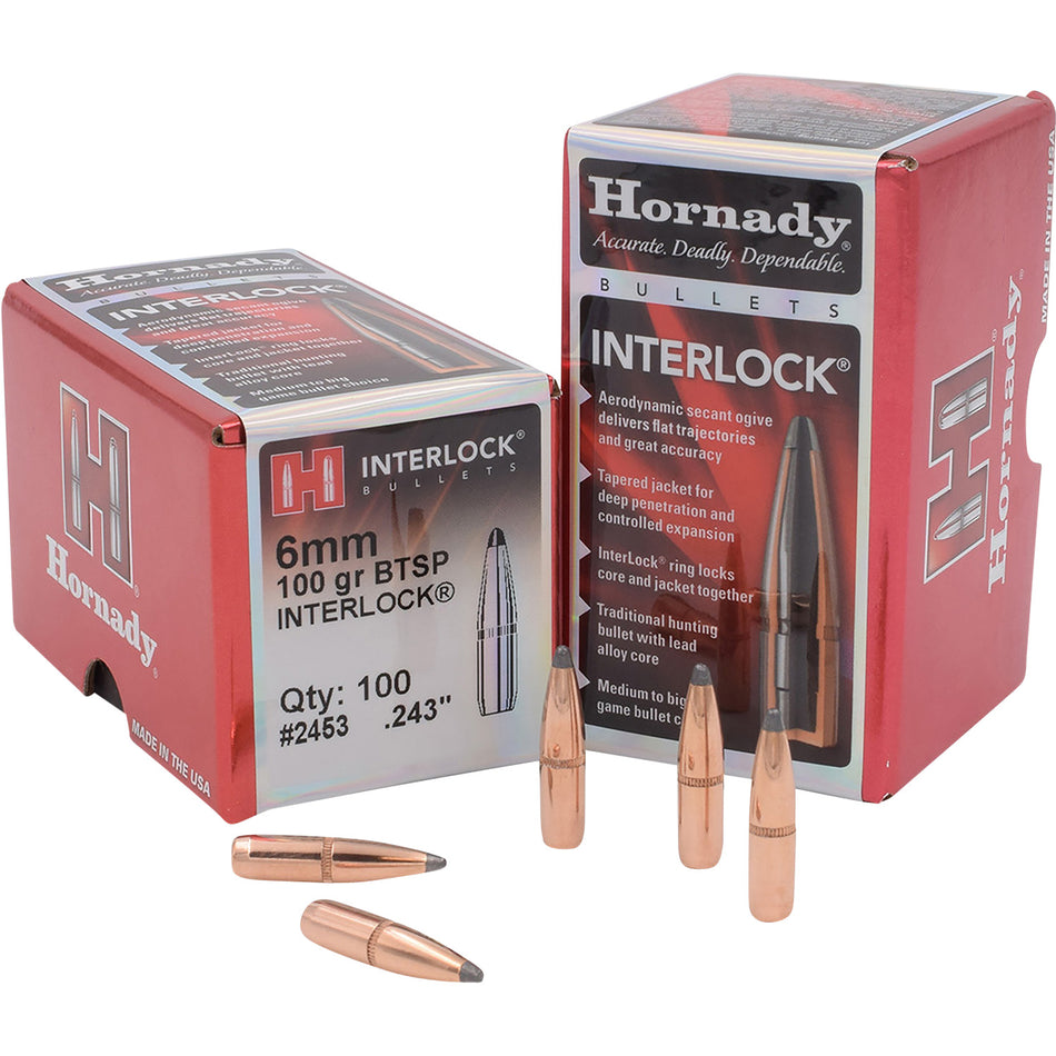 Hornady 6mm .243 100gr InterLock Boat Tail Spire Point Bullets 100/Box