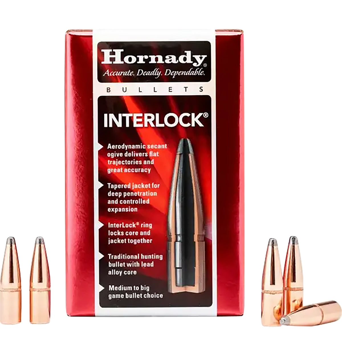 Hornady 30 Cal .308 180 gr InterLock Boat Tail Spire Point Projectiles 100/Box