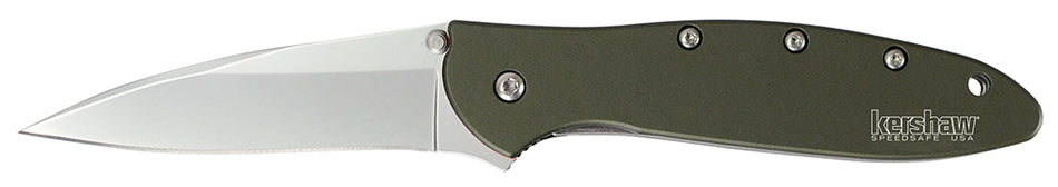 Kershaw Leek 1660OL 3" Folding Drop Point Plain 14C28N Bead Blasted Blade OD Green Anodized Handle & Pocket Clip