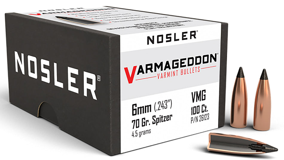 Nosler 6mm 70gr Varmageddon Flat Base Tipped Bullets 100/Box
