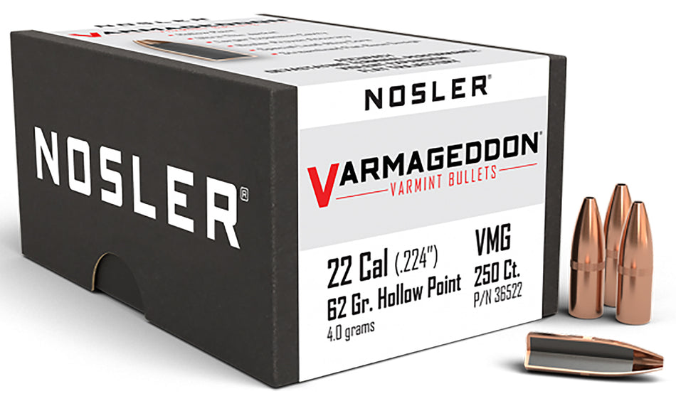 Nosler 22 Cal 62gr Varmageddon Flat Base Hollow Point Bullets 250/Box