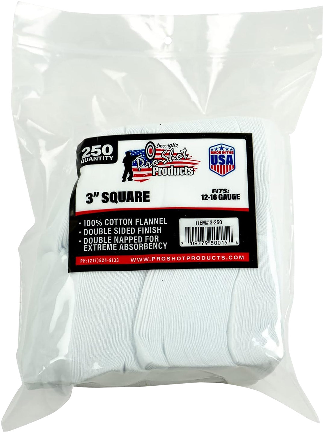 Pro-Shot 3" Square Cotton Flannel Shotgun Cleaning Patches 12-16 Gauge 250 Count
