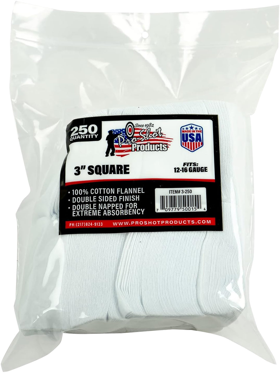 Pro-Shot 3" Square Cotton Flannel Shotgun Cleaning Patches 12-16 Gauge 250 Count