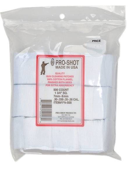 Pro-Shot 1.75" Square Cotton Flannel Cleaning Patches .38/6mm/7mm Cal 500 Count