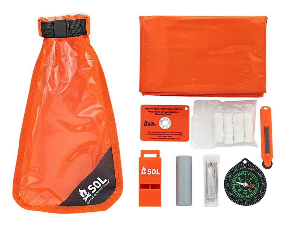 SOL Scout Survival Kit Orange Waterproof RF-Welded Bag with Signal Mirror and Compass