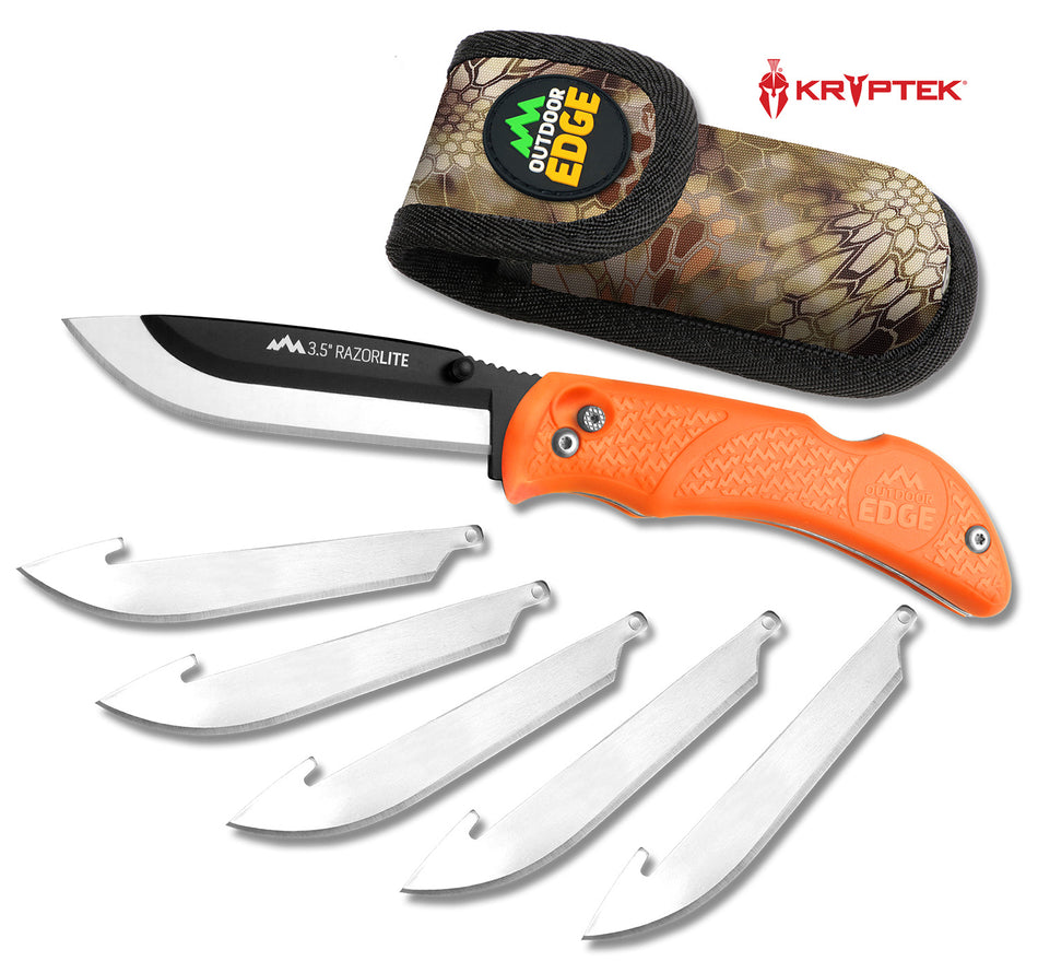 Outdoor Edge RazorLite Folding Knife 3.50" Plain Black Oxide 420J2 Stainless Steel Blade Blaze Orange TPR Handle