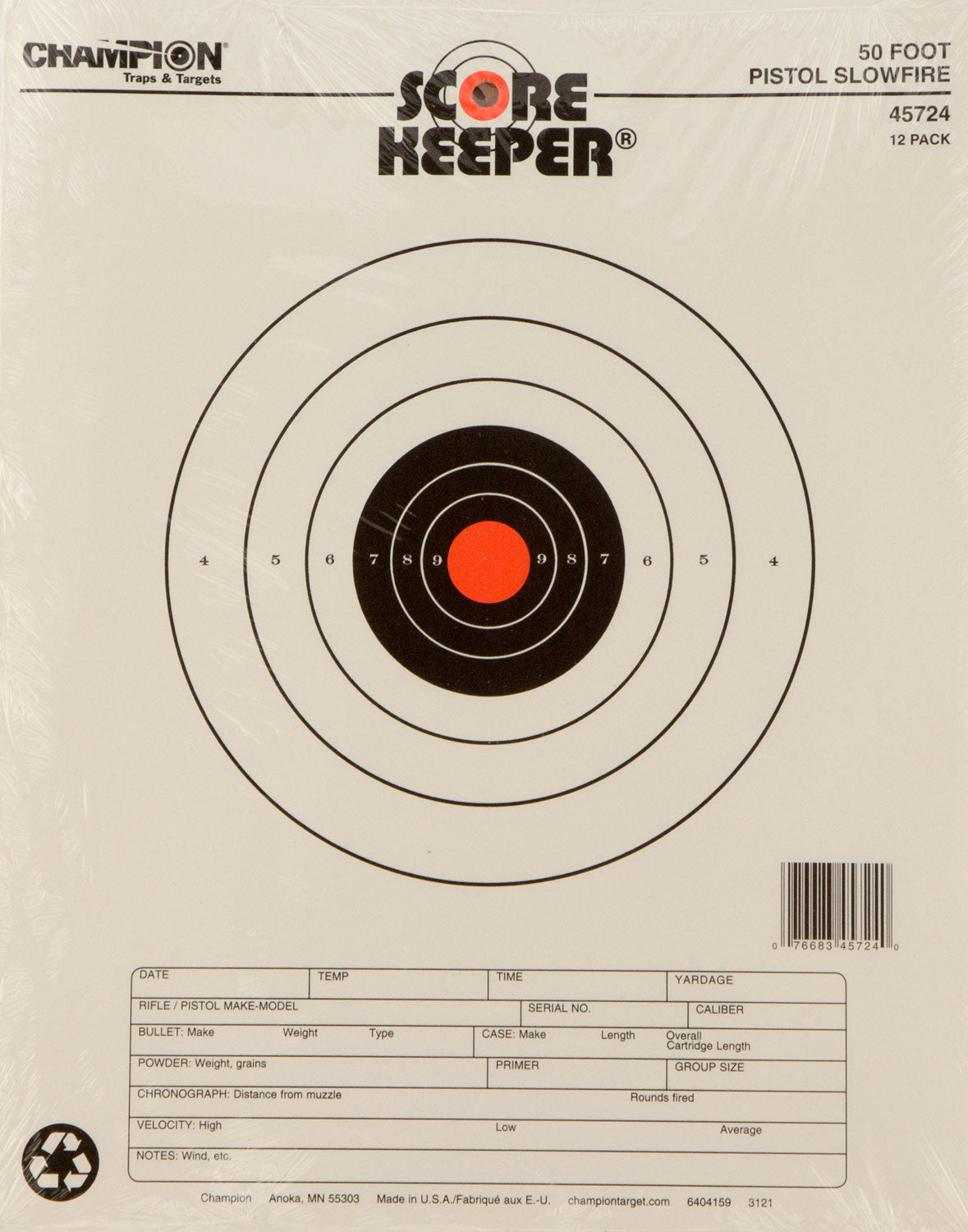 Champion Targets 45724 Score Keeper Slow Fire Pistol Paper Target 11x16" 12-Pack