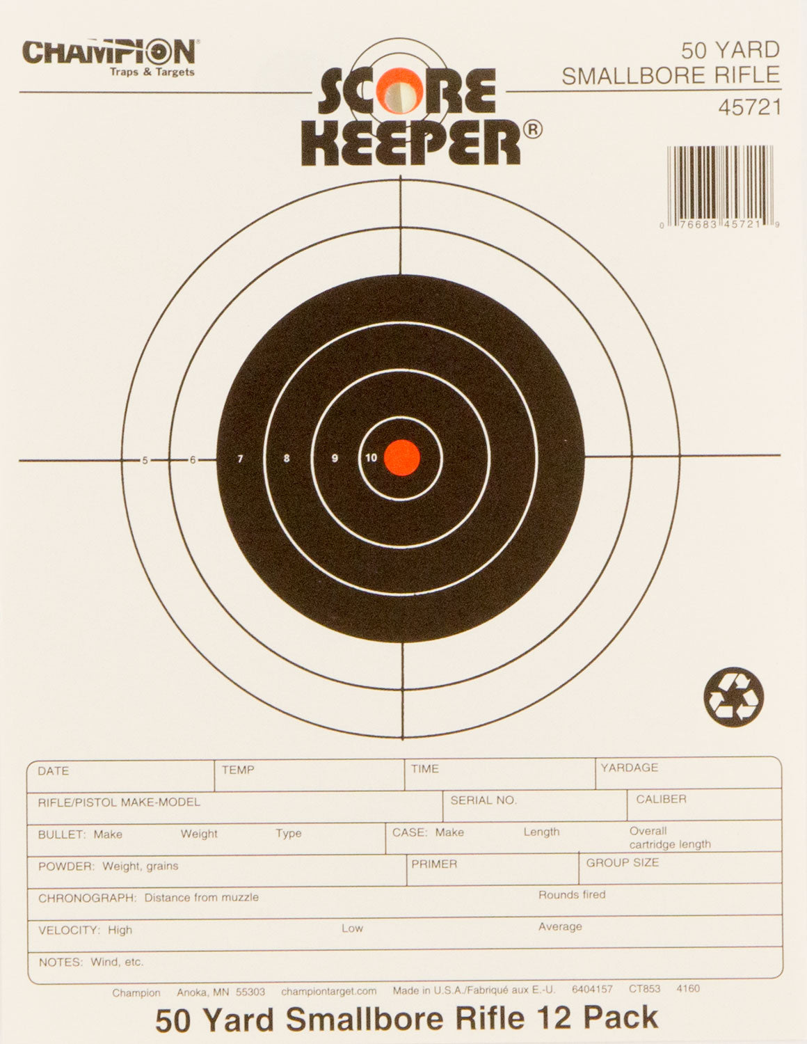 Champion Targets 45721 Score Keeper Small Bore Rifle 50 Yd Paper Target 12-Pack