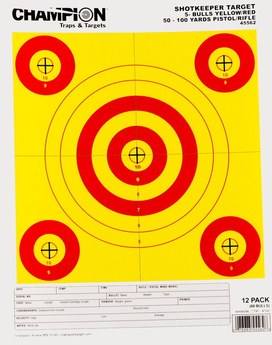 Champion Shotkeeper 5-Bullseye Paper Targets for Pistol & Rifle, Yellow/Red Background, 12 Pack