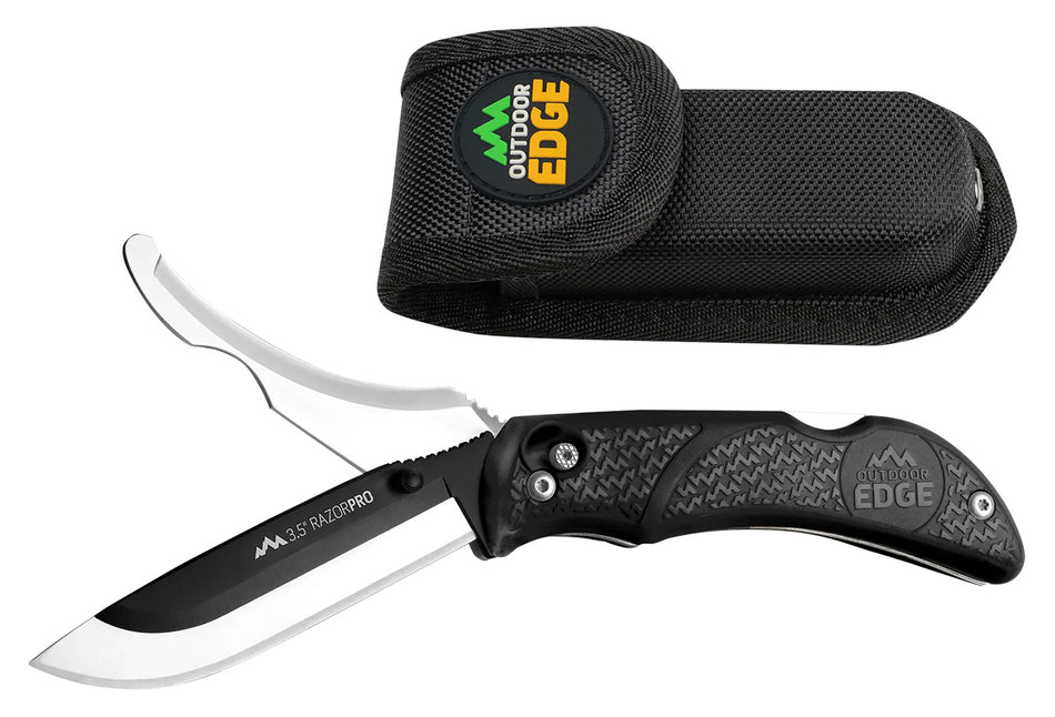 Outdoor Edge RazorPro Folding Knife 3.50" Razor/Gut Plain 420J2 SS Blade Black TPR Handle Includes Replacement Blades