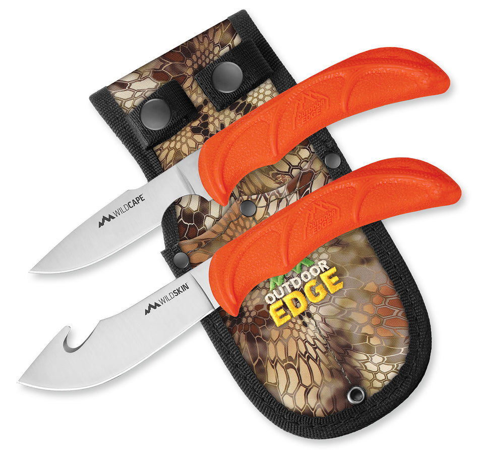 Outdoor Edge WildPair Hunting Knife Combo 2.50"/4" Gut Hook and Caper 420J2 SS Blades Blaze Orange TPR Handle