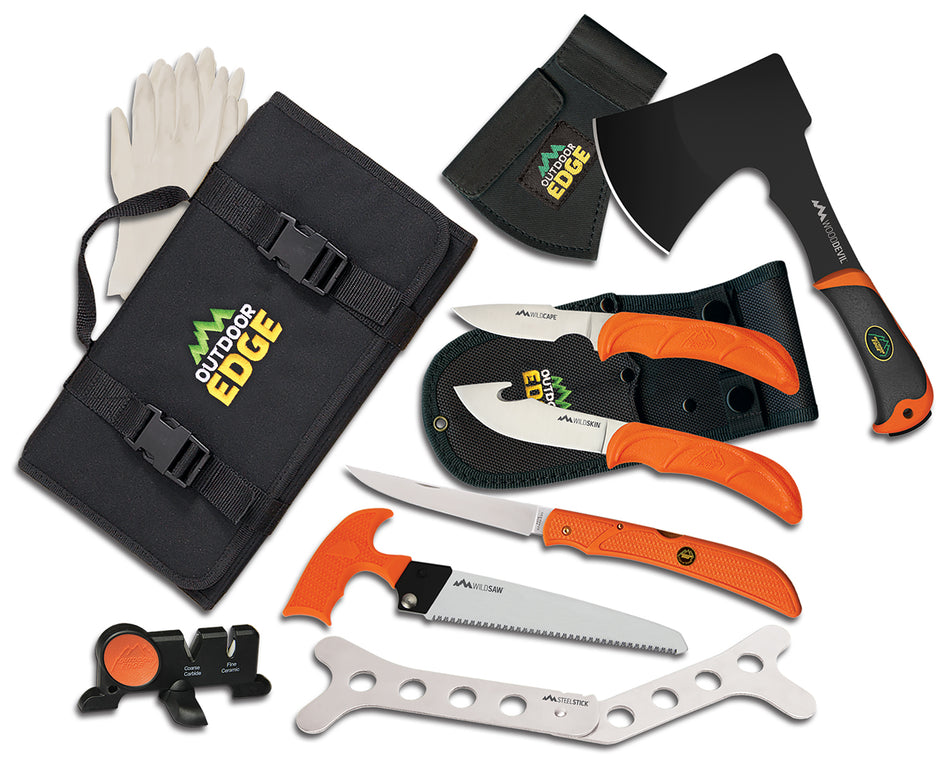 Outdoor Edge Outfitter Hunting Knife Set OF1 420J2 SS Blades FRN Orange Handle with Accessories