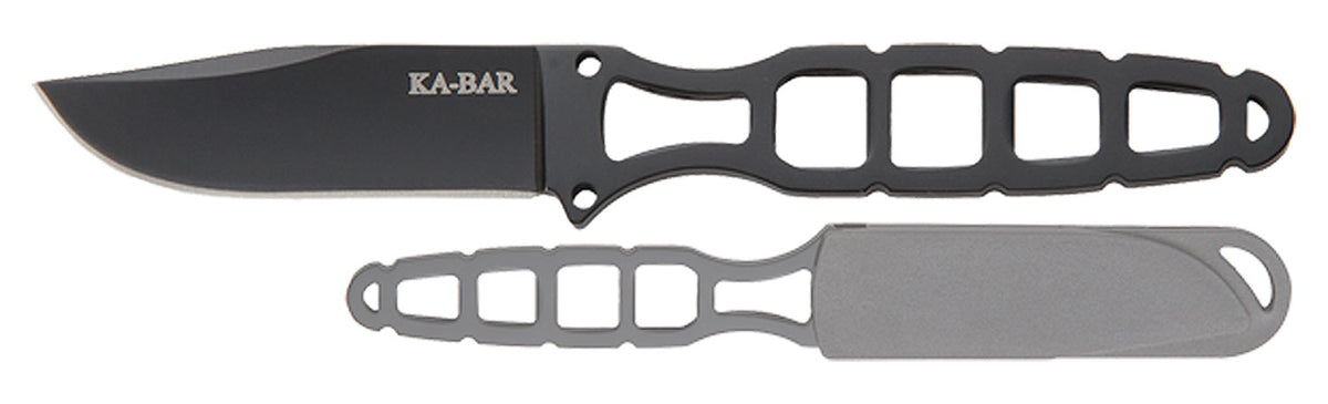 Ka-Bar Skeleton 1118BP Fixed Blade 2.50" Clip Point Black 5Cr15MoV SS Skeletonized Handle Neck Knife Hard Plastic Sheath
