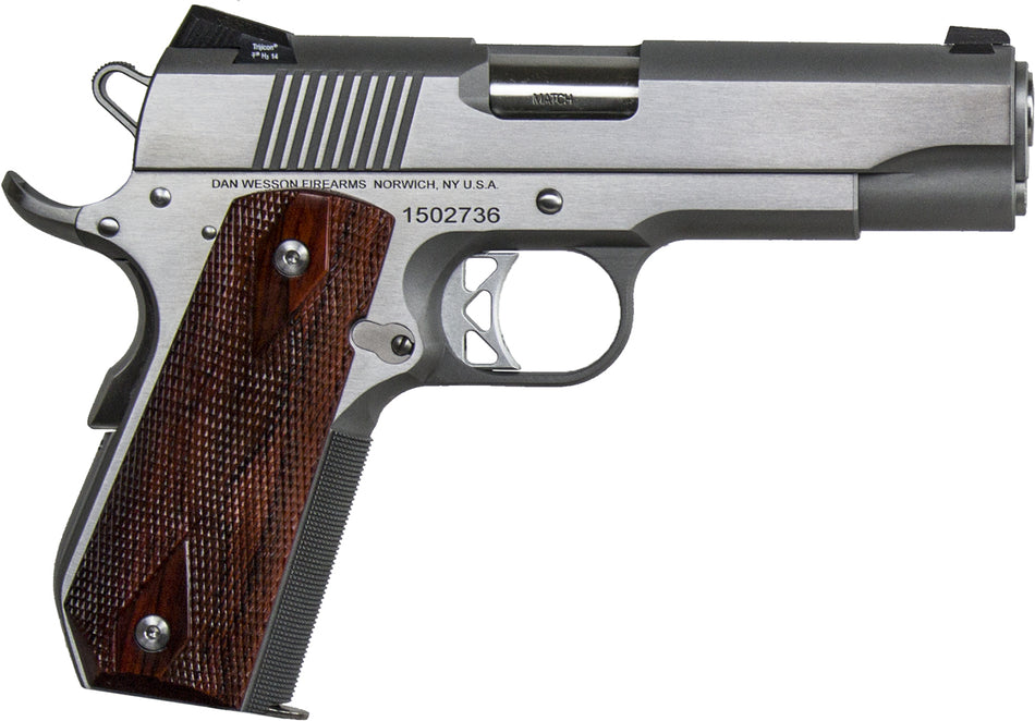 Dan Wesson 01912 Commander Classic .45 ACP Pistol (CA Compliant), 8+1 Capacity, 4.25" Stainless Match Grade Barrel, Brushed Serrated Slide & Bobtail Frame, Wood Grips