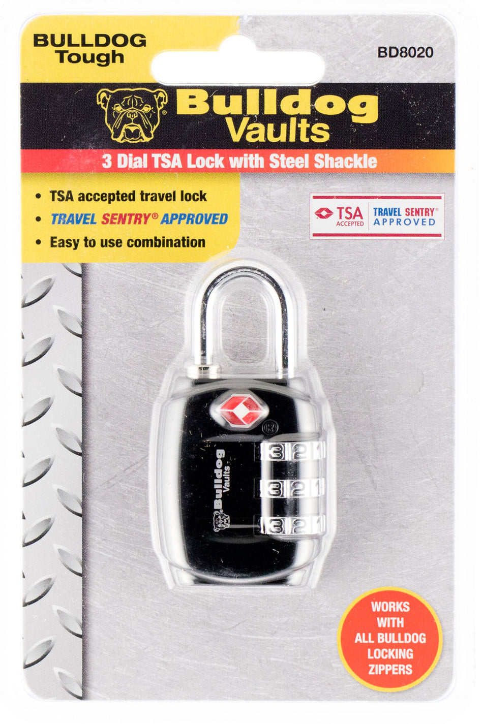 Bulldog BD8020 Black Steel TSA Lock with 3-Pin Tumbler Combination