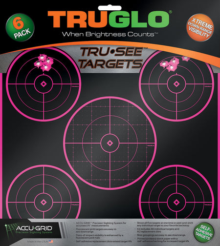 TruGlo Tru-See 5-Bull Target Self-Adhesive Heavy Paper Pink Halo 12"x12" 6 Pack