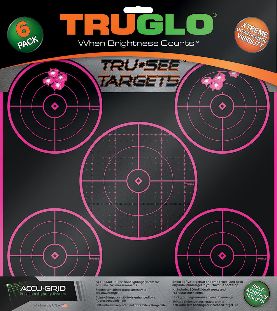 TruGlo Tru-See 5-Bull Target Self-Adhesive Heavy Paper Pink Halo 12"x12" 6 Pack