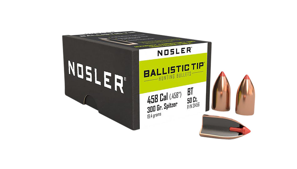 Nosler 458 Cal 300gr Ballistic Tip Spitzer Point Bullets 50/Box