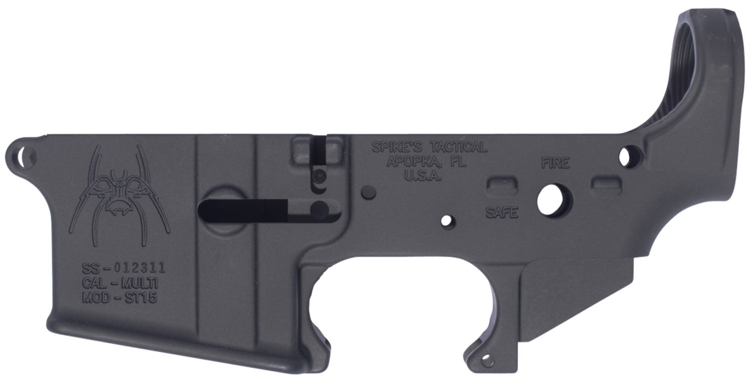 Spikes Spider Stripped AR-15 Lower Receiver with Fire & Safe Markings, Black Anodized