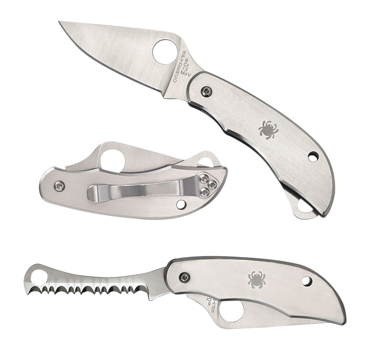 Spyderco ClipiTool C176P&S Folding Pocket Knife 8Cr13MoV SS Part Serrated Blade Stainless Handle Screwdriver/Opener