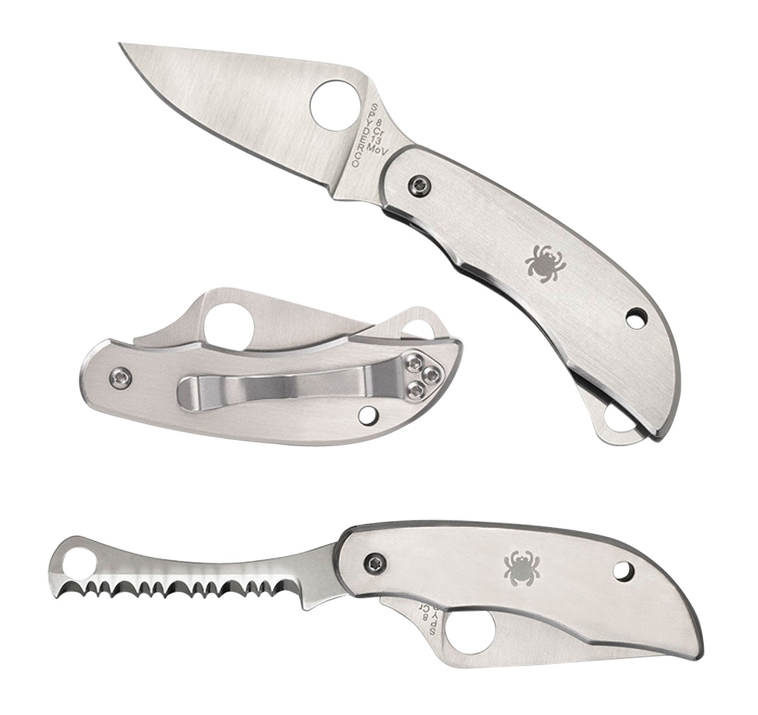 Spyderco ClipiTool C176P&S Folding Pocket Knife 8Cr13MoV SS Part Serrated Blade Stainless Handle Screwdriver/Opener