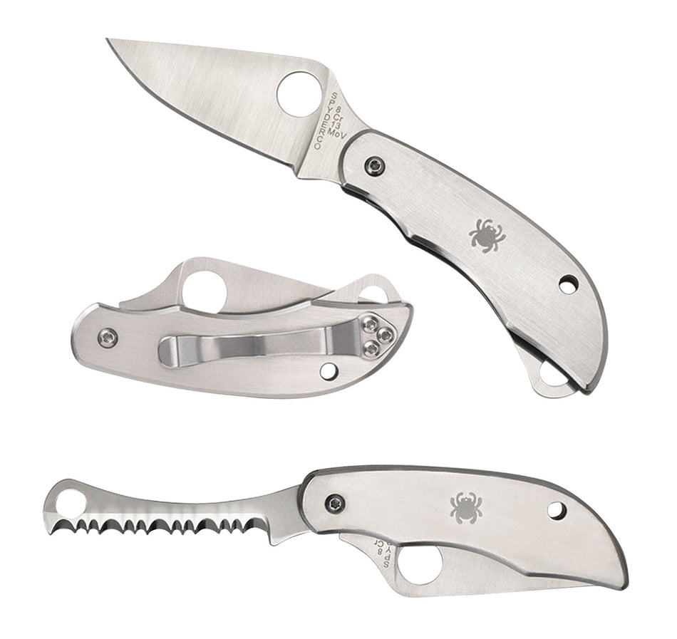 Spyderco ClipiTool C176P&S Folding Pocket Knife 8Cr13MoV SS Part Serrated Blade Stainless Handle Screwdriver/Opener