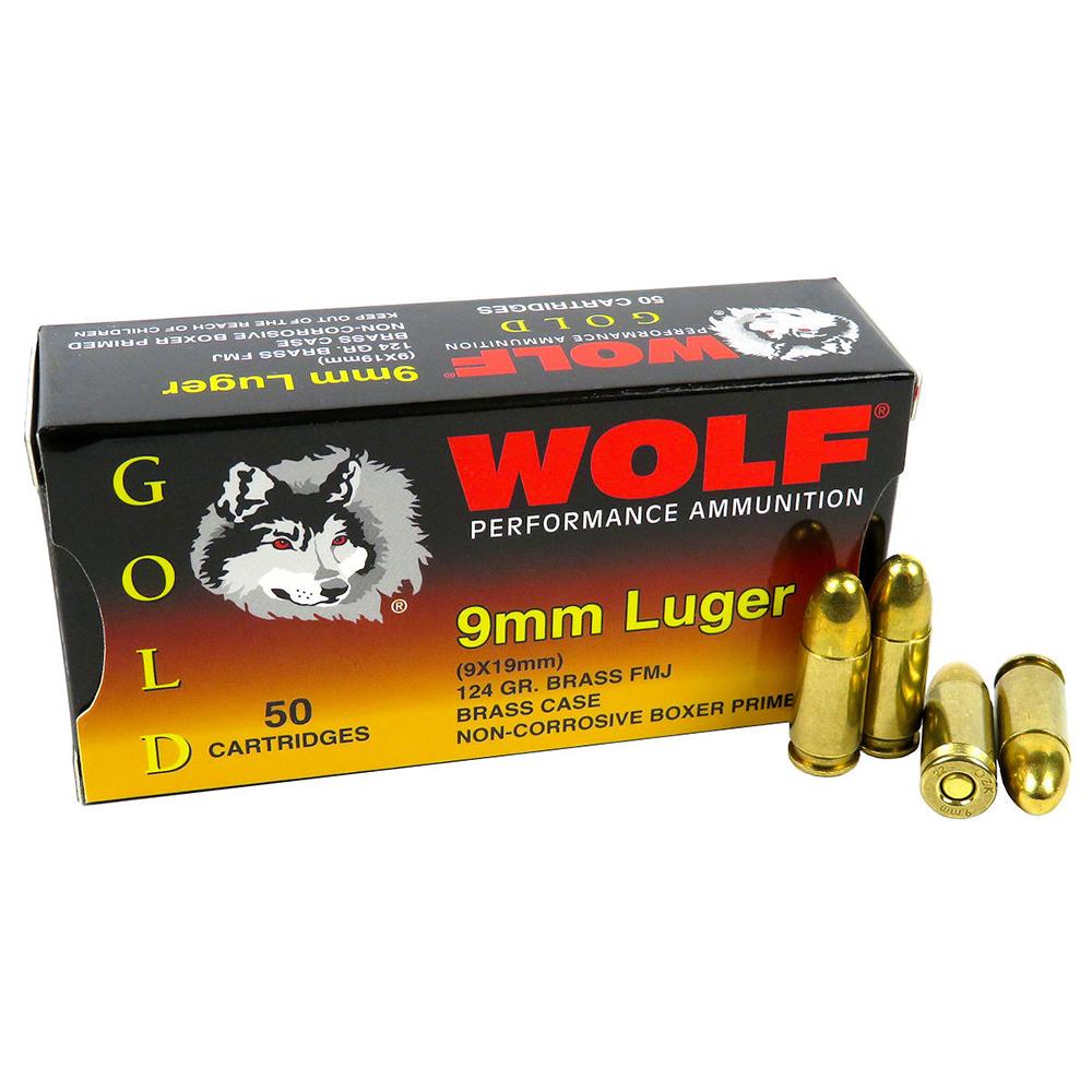 Wolf 9mm Luger / Parabellum Handgun Ammo Gold Performance Full Metal Jacket FMJ 124 grain 