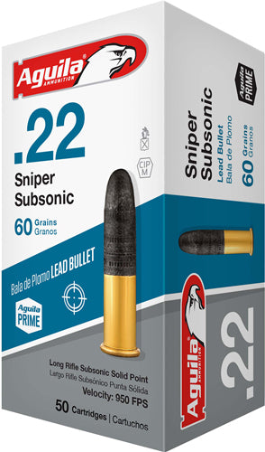Aguila .22 Long Rifle 1B220112 Sniper Subsonic Lead Solid Point 60 Grain